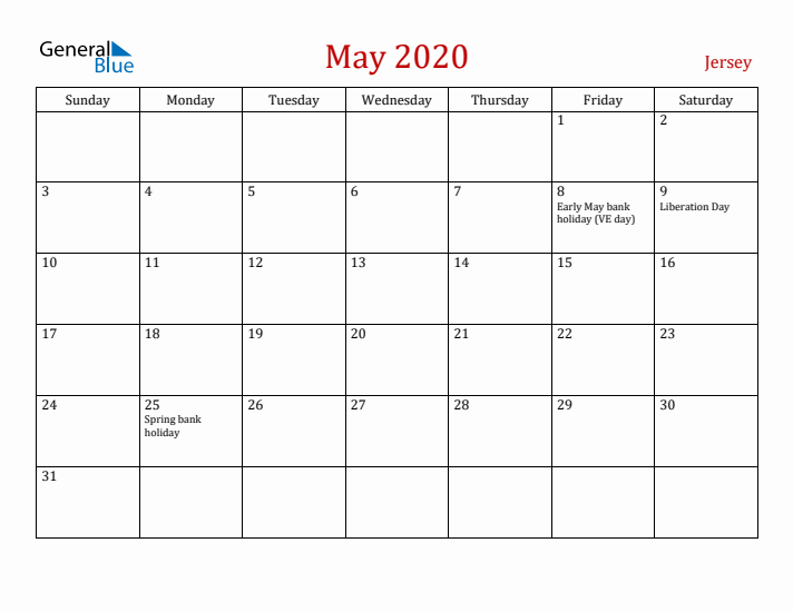 Jersey May 2020 Calendar - Sunday Start