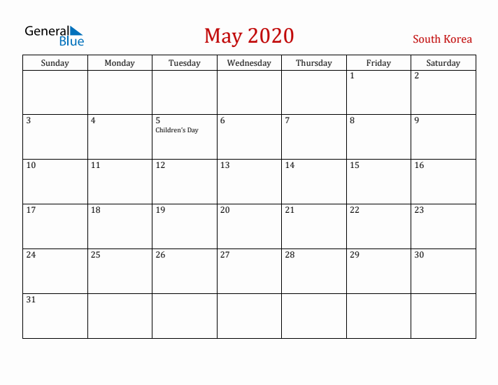 South Korea May 2020 Calendar - Sunday Start