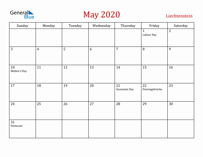 Liechtenstein May 2020 Calendar - Sunday Start