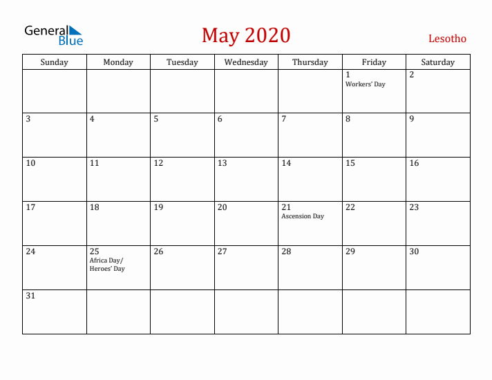 Lesotho May 2020 Calendar - Sunday Start