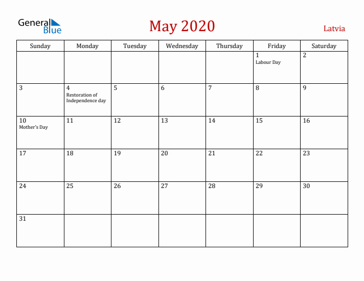 Latvia May 2020 Calendar - Sunday Start