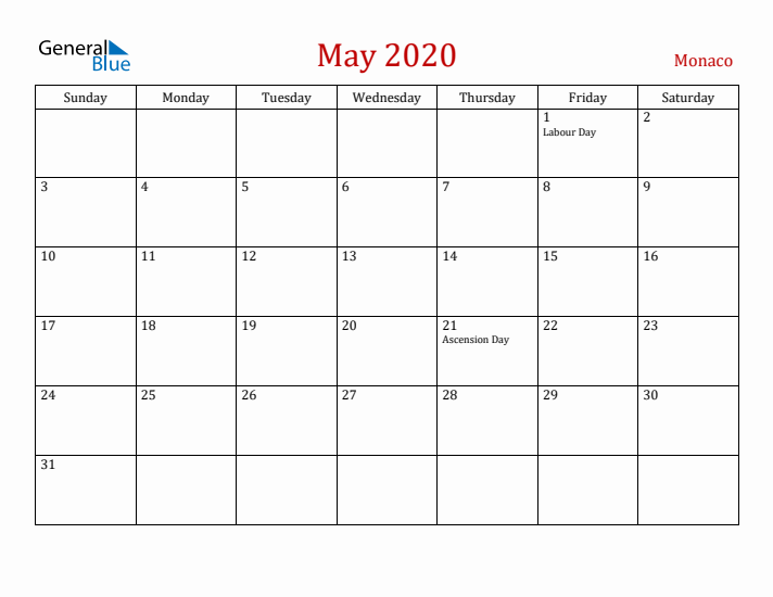Monaco May 2020 Calendar - Sunday Start