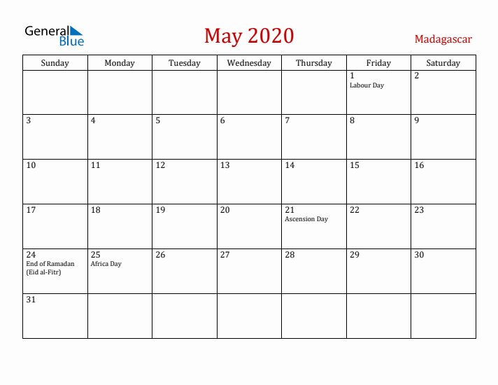 Madagascar May 2020 Calendar - Sunday Start