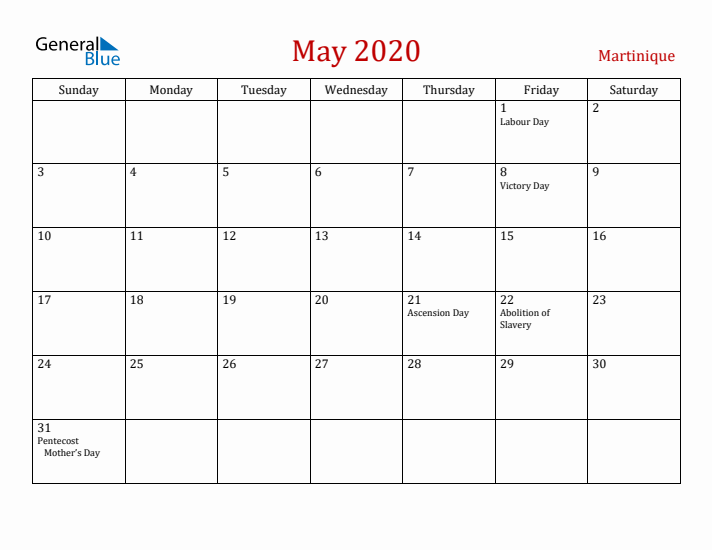 Martinique May 2020 Calendar - Sunday Start