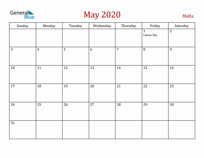 Malta May 2020 Calendar - Sunday Start