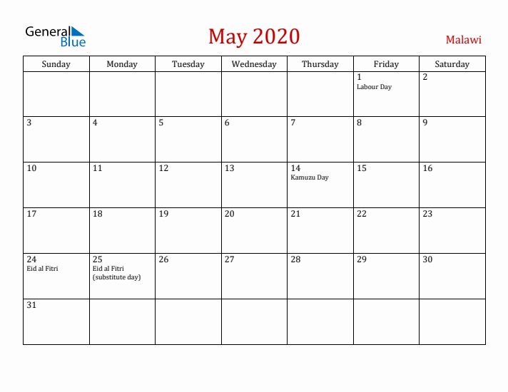 Malawi May 2020 Calendar - Sunday Start
