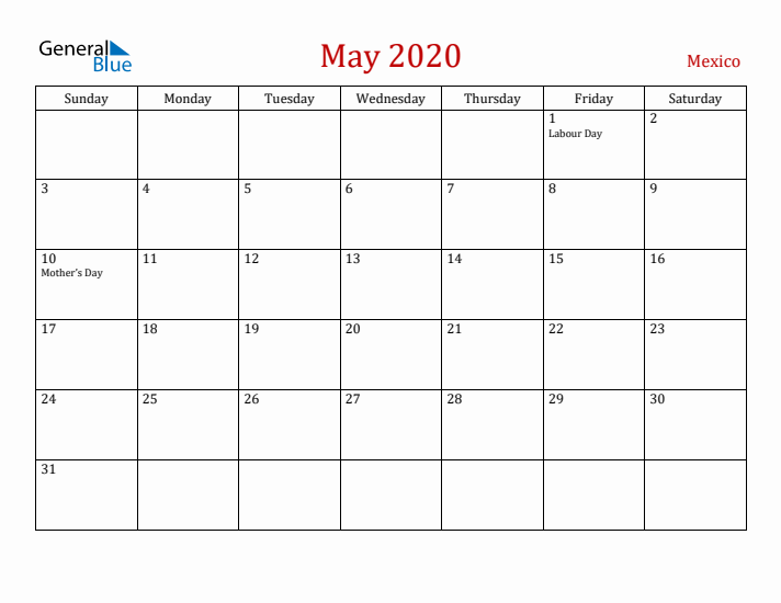 Mexico May 2020 Calendar - Sunday Start