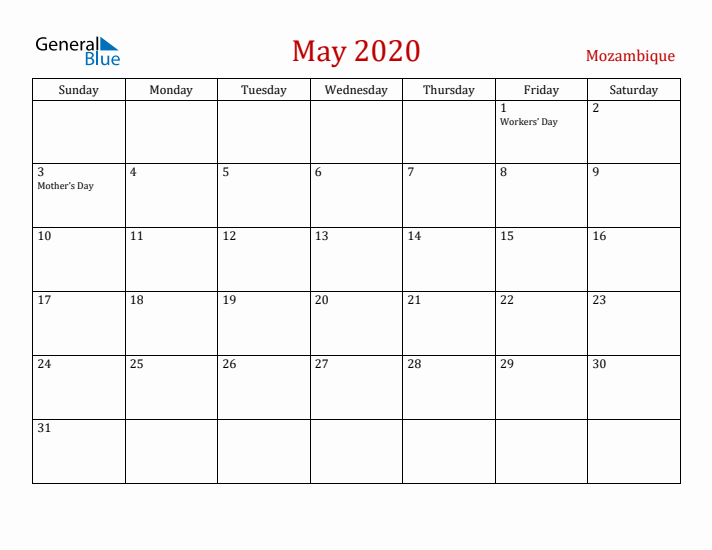 Mozambique May 2020 Calendar - Sunday Start