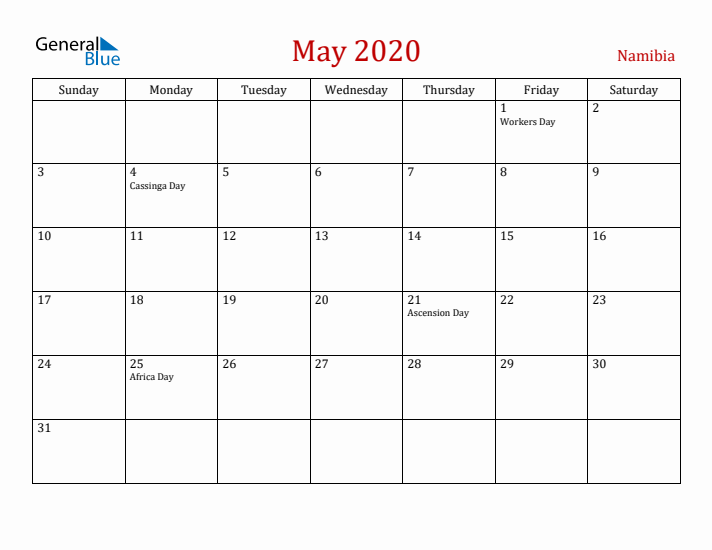 Namibia May 2020 Calendar - Sunday Start