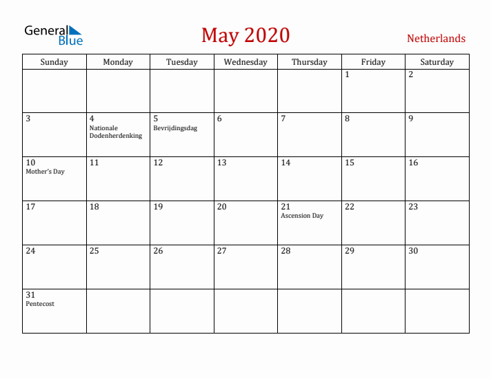 The Netherlands May 2020 Calendar - Sunday Start