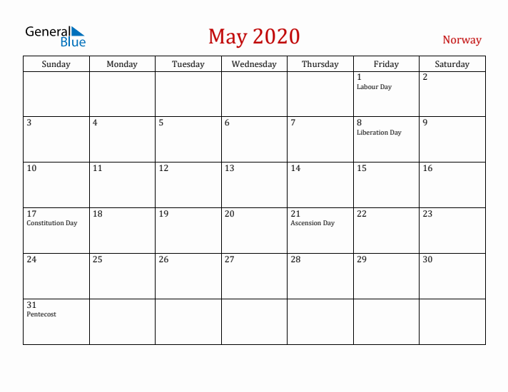 Norway May 2020 Calendar - Sunday Start
