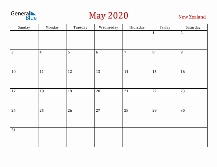 New Zealand May 2020 Calendar - Sunday Start