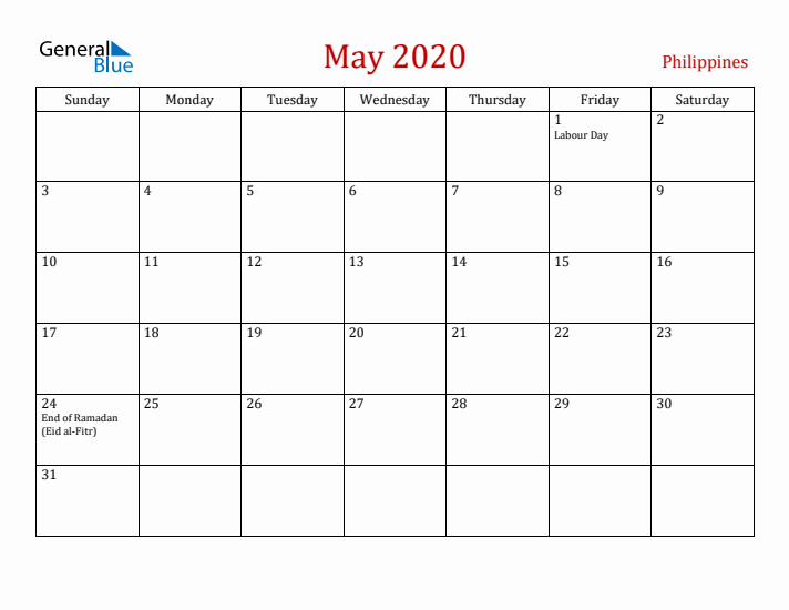 Philippines May 2020 Calendar - Sunday Start