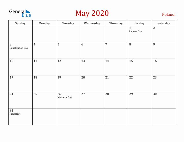 Poland May 2020 Calendar - Sunday Start