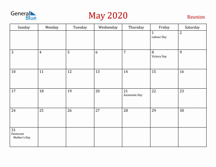 Reunion May 2020 Calendar - Sunday Start