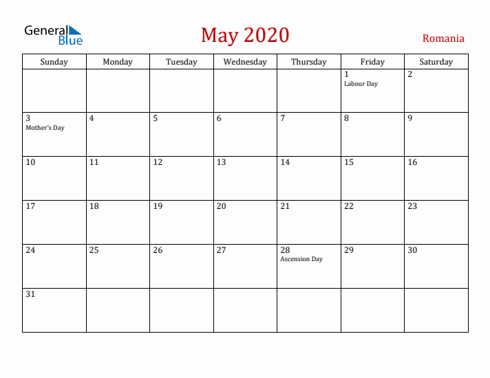 Romania May 2020 Calendar - Sunday Start