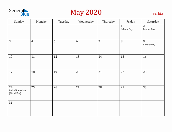 Serbia May 2020 Calendar - Sunday Start