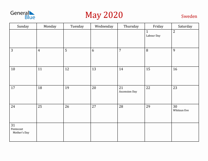 Sweden May 2020 Calendar - Sunday Start