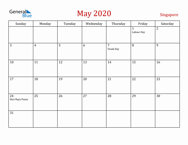 Singapore May 2020 Calendar - Sunday Start