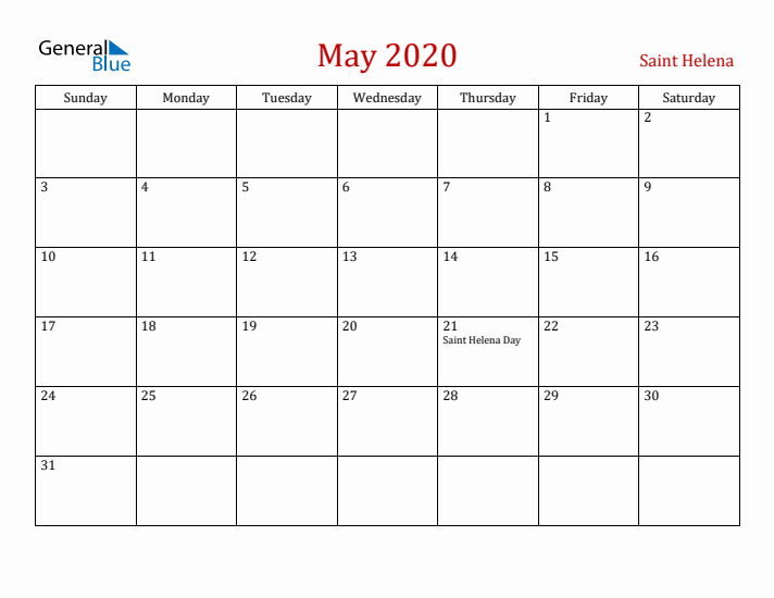 Saint Helena May 2020 Calendar - Sunday Start