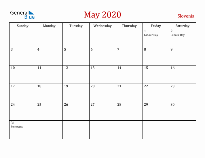 Slovenia May 2020 Calendar - Sunday Start
