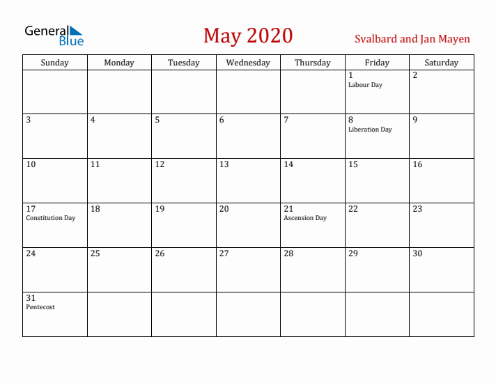 Svalbard and Jan Mayen May 2020 Calendar - Sunday Start