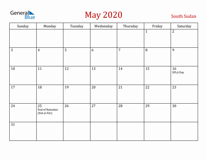 South Sudan May 2020 Calendar - Sunday Start