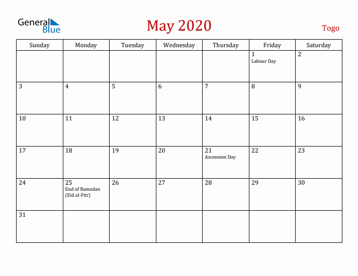 Togo May 2020 Calendar - Sunday Start