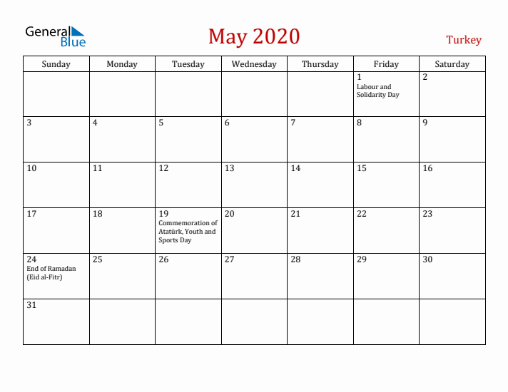 Turkey May 2020 Calendar - Sunday Start
