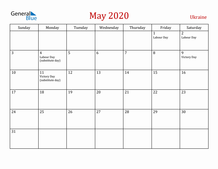 Ukraine May 2020 Calendar - Sunday Start