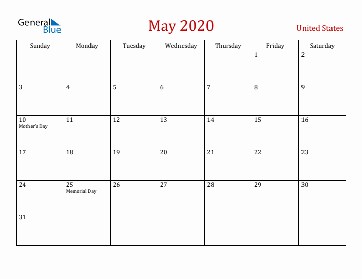 United States May 2020 Calendar - Sunday Start