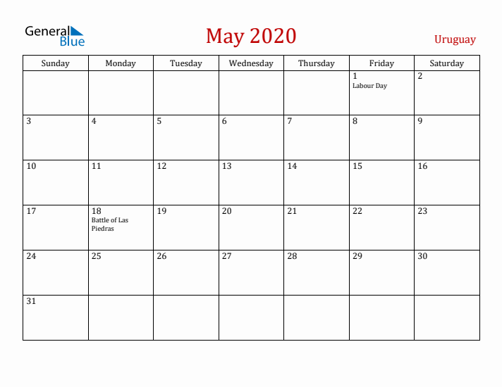 Uruguay May 2020 Calendar - Sunday Start
