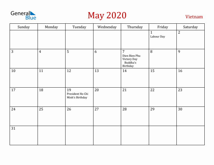 Vietnam May 2020 Calendar - Sunday Start