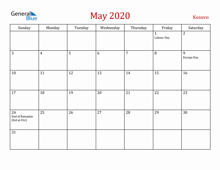 Kosovo May 2020 Calendar - Sunday Start