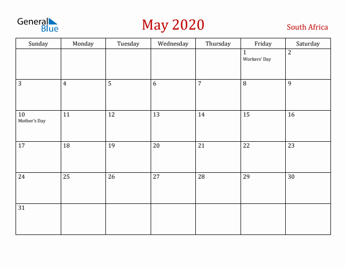 South Africa May 2020 Calendar - Sunday Start