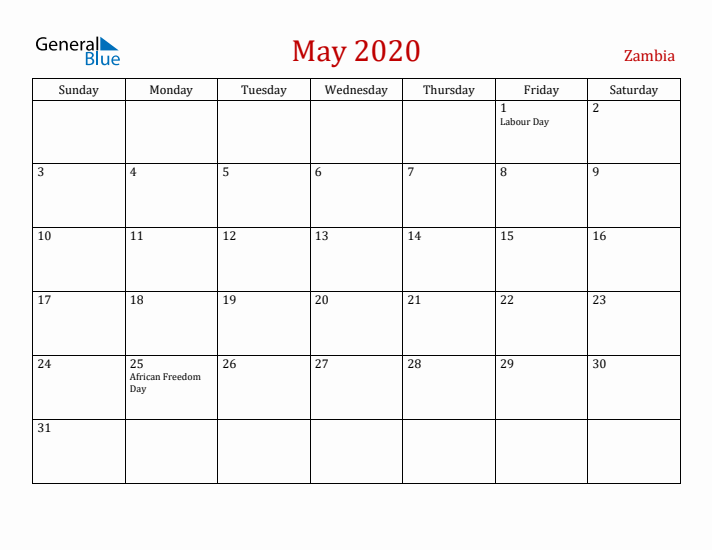 Zambia May 2020 Calendar - Sunday Start