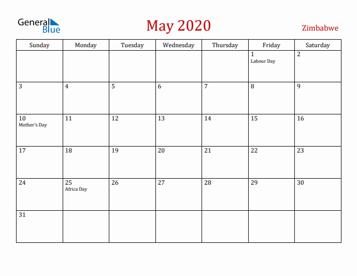 Zimbabwe May 2020 Calendar - Sunday Start
