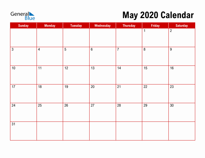 Simple Monthly Calendar - May 2020