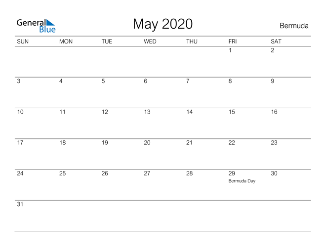 Printable May 2020 Calendar for Bermuda