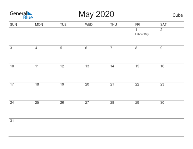 Printable May 2020 Calendar for Cuba