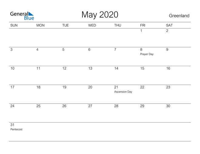 Printable May 2020 Calendar for Greenland