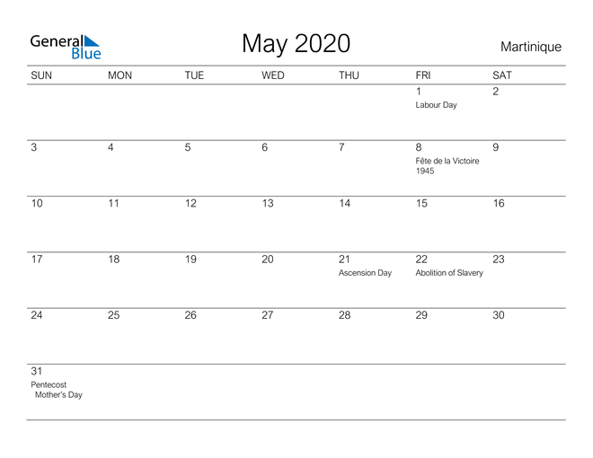 Printable May 2020 Calendar for Martinique