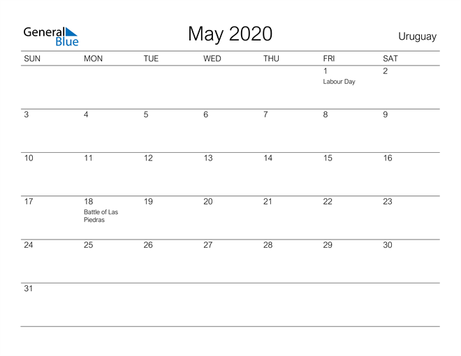 Printable May 2020 Calendar for Uruguay