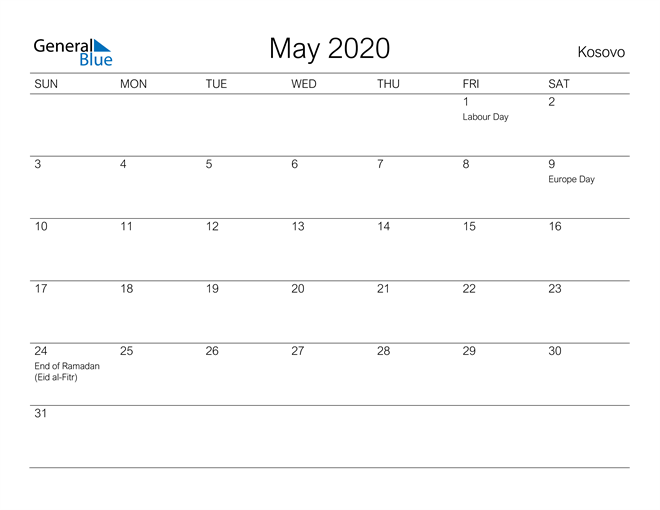 Printable May 2020 Calendar for Kosovo