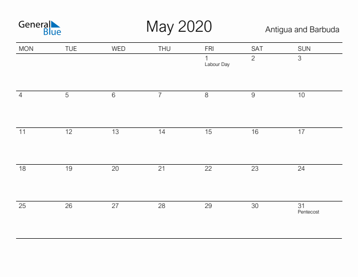 Printable May 2020 Calendar for Antigua and Barbuda