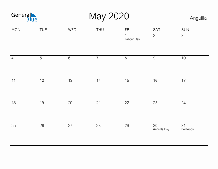 Printable May 2020 Calendar for Anguilla