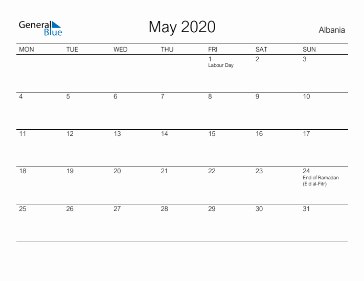 Printable May 2020 Calendar for Albania