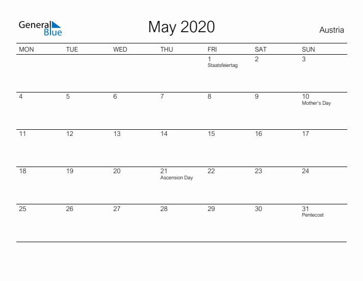 Printable May 2020 Calendar for Austria