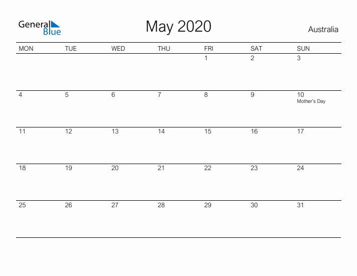 Printable May 2020 Calendar for Australia