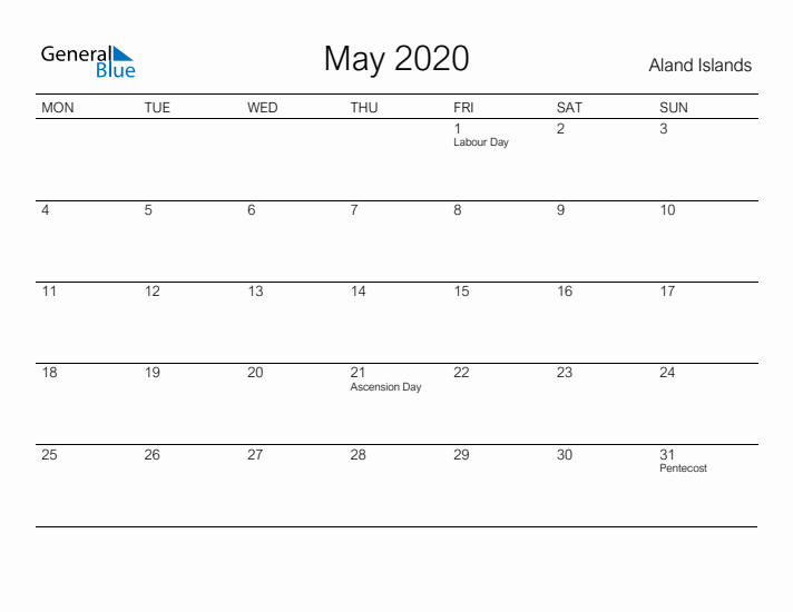 Printable May 2020 Calendar for Aland Islands